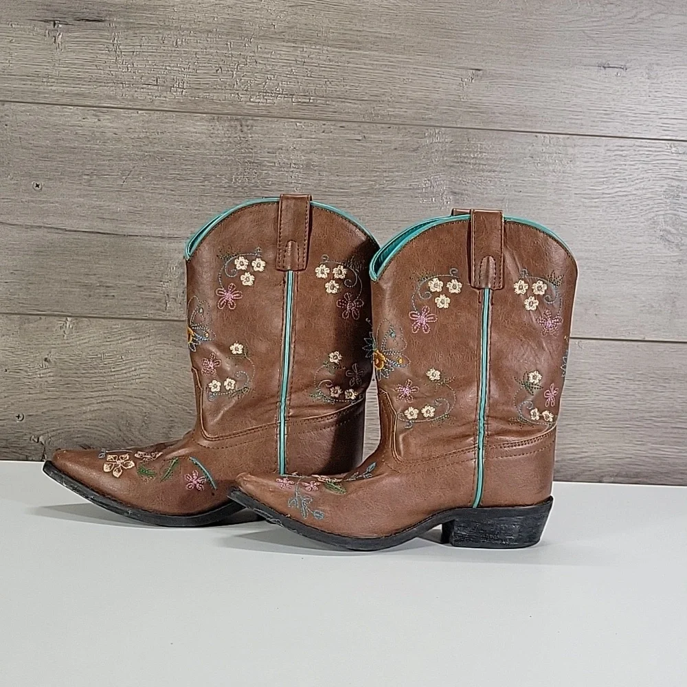 Girls Shyanne Brown Embroidered Floral Leather Western Boots Sz 3